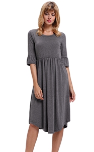 BY61652-11 Gray Ruffle Sleeve Midi Jersey Dress